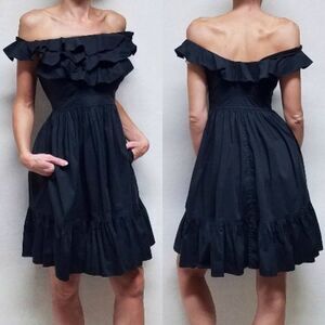 VINTAGE Maggy London Black Off-Shoulder Ruffle Sleeveless Babydoll Pocket Dress
